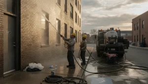 Hot-water pressure washing set to vent away from doors during commercial exterior cleaning in Las Vegas